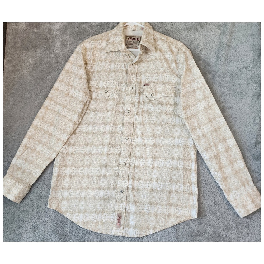 Rafter C Shirt Mens Medium Tan Geometric Western Pearl Snap Cowboy PorFlex 45